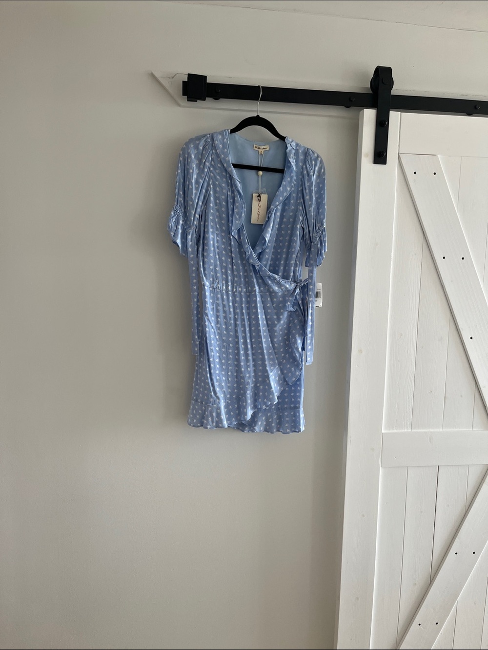 For Love & Lemons Light Blue Polka Dot Wrap Mini Dress